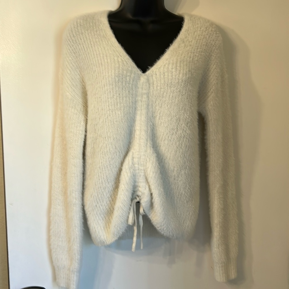 PLANET GOLD, V-NECK ,,FRONT DRAWSTRING SWEATER, IVORY COLOR ,SIZE SMALL